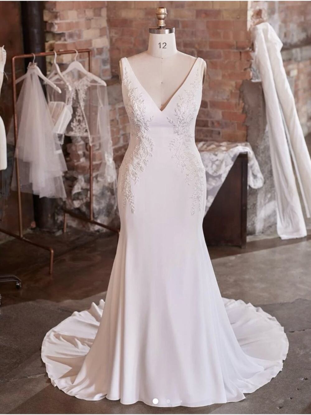 Maggie Sottero Adriana Ivory Crepe Bead Embroidered V-Neck Wedding Dress Gown